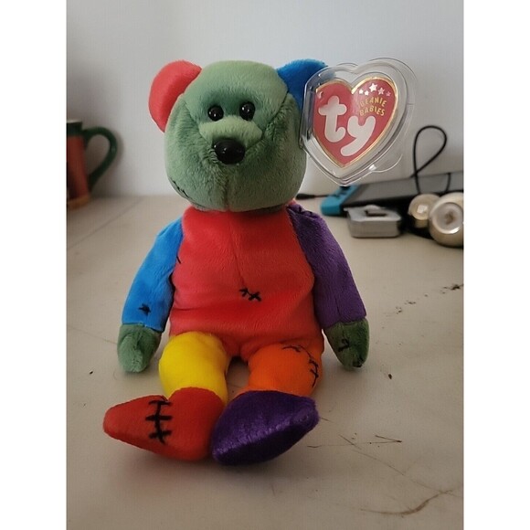 TY Beanie Babies 2001 Frankenteddy Rare Tag W/CASE RED PURPLE FEET COMBO - Picture 1 of 5